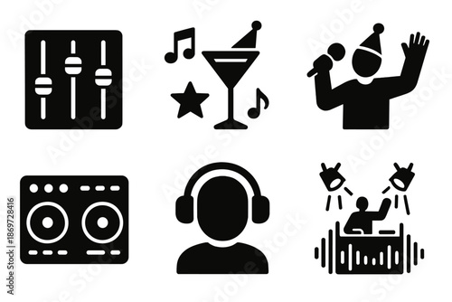 Dj equipment and party icons: mixer, headphones, performer, lights, music notes, cocktail glass