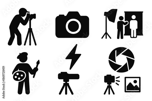 Photography and art icons: camera, tripod, artist, light, shutter, portrait