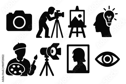 Art and photography icons: camera, easel, photographer, ideas, portrait, vision
