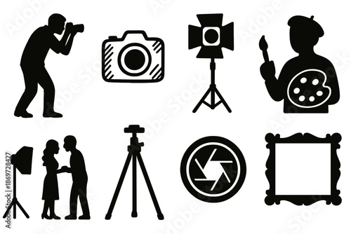 Silhouettes of photography and art tools featuring people and equipment