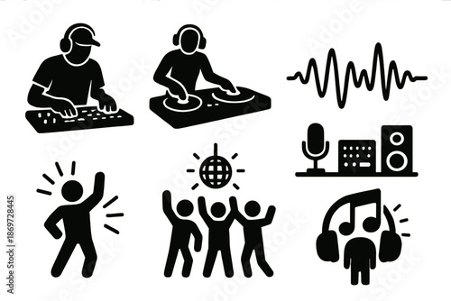 Dj and music icons: turntables, speakers, dance, headphones, soundwave