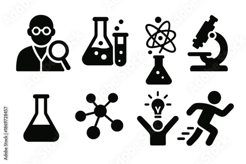 Science icons featuring lab equipment, molecules, and human figures