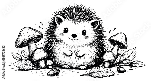 Hand drawn line art illustration of a cute hedgehog depicting a friendly forest scene for autumn designs
