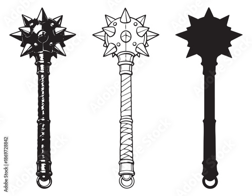 Hand drawn medieval weapon set featuring spiked maces in various styles for game design and fantasy