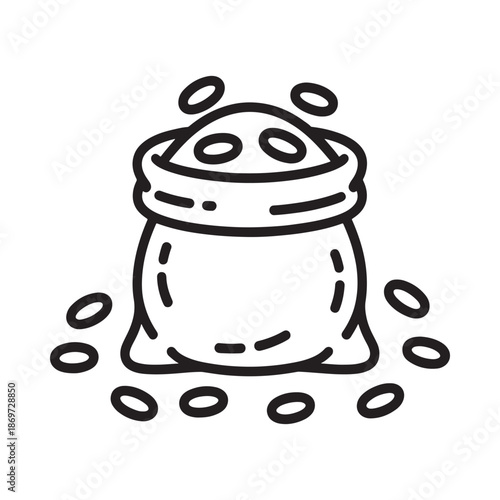 A simple line drawing depicts a bag overflowing with gold coins