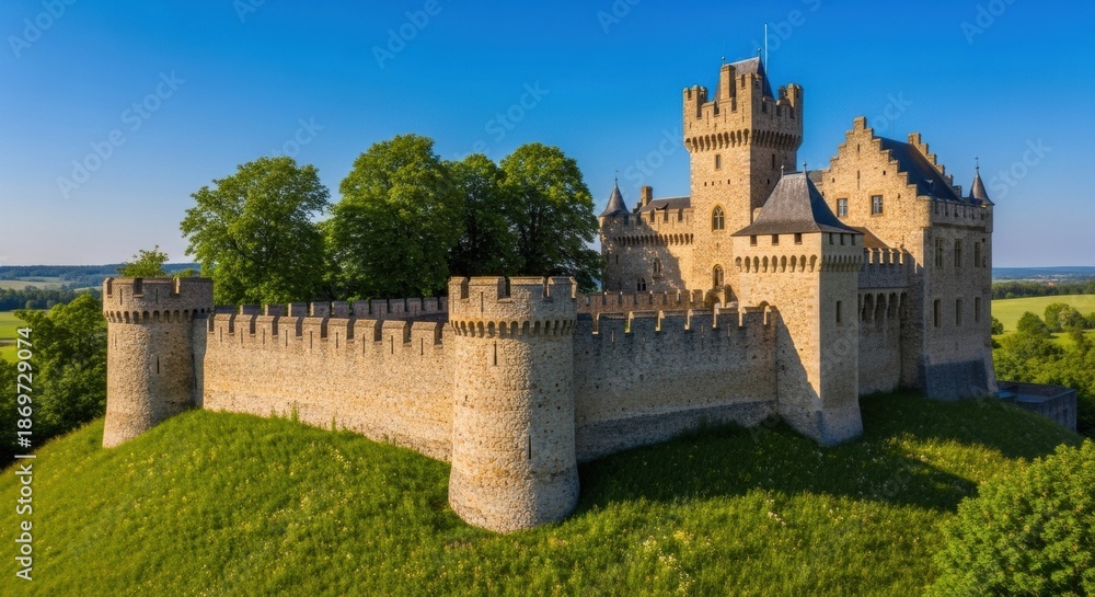 Obraz premium Wide View of a Circular Stone Fortress and High Towers Built Upon a Steep Green Mound