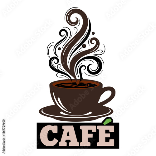 Hot Coffee Cup logo with Swirls and the Word CAFE. This beverage symbolizes warmth, comfort, and a welcoming atmosphere for any cafe setting