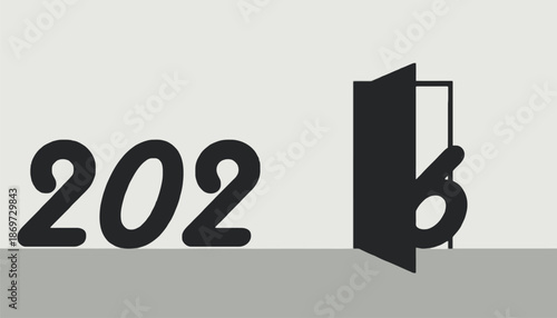 A graphic illustration of the year 2026 emerging from an open door.