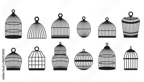 A collection of various birdcage silhouettes on a white background