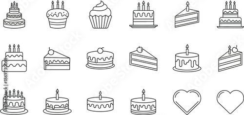 Birthday Cakes and Slices Icon Set: Celebration, Party, Sweet Treats, Line Art