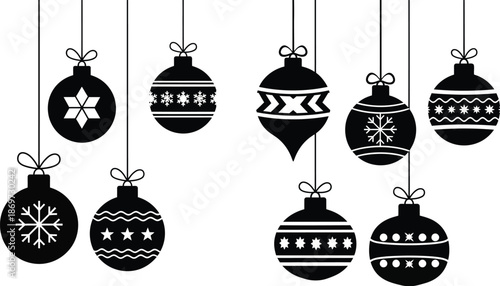 Black and White Christmas Ornaments with Snowflakes and Stars Hanging