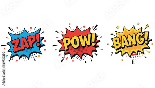 A colorful illustration of comic book style speech bubbles with dynamic effects