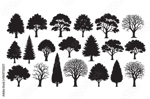 Tree Silhouette Vector Set: 20 Black Nature Icons including Pine, Oak, Cypress, and Winter Trees