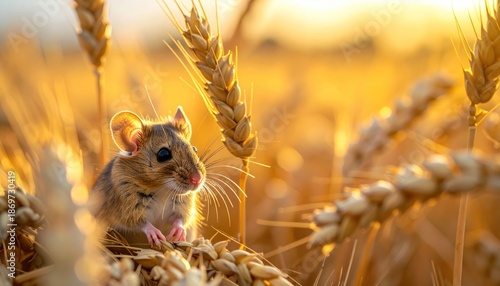 Adorable Harvest Mouse Amidst Golden Wheat Field at Sunset.