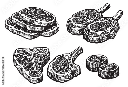 Hand drawn line art steak cuts set featuring t-bone, ribeye, sirloin, and filet mignon steaks for butcher shop branding