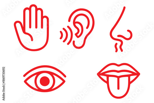 Human senses icon set. Vision eye, smell nose, hearing ear, touch hand, taste mouth with tongue. Simple line icons in black. Five senses of human nervous system