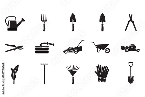 Gardening Tools Icon Set: Black Silhouette Vector Equipment for Lawnmowing, Planting, and Landscaping