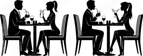 Elegant Silhouette Illustration of a Romantic Couple Dining at a Restaurant Table Drinking Cocktails on a Date Night Vector Art
