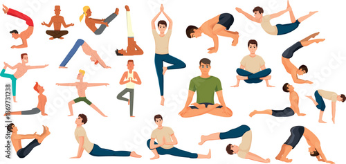 Yoga Poses Collection with Lotus Pose in Center, Fitness Stretching and Healthy Lifestyle Vector Illustration