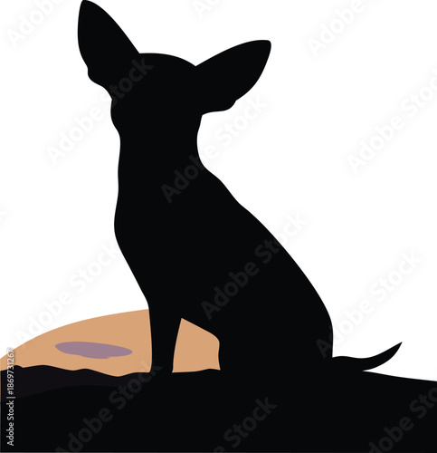 Minimalist Black Silhouette of a Graceful Chihuahua Dog Sitting Attentively Looking Upwards