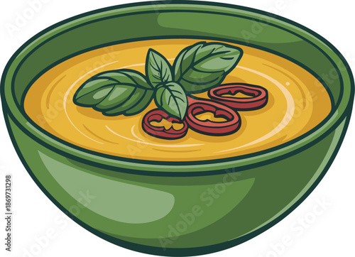 Green bowl filled with flavorful yellow soup, aromatic basil leaves, and spicy red chili food vector on white background.