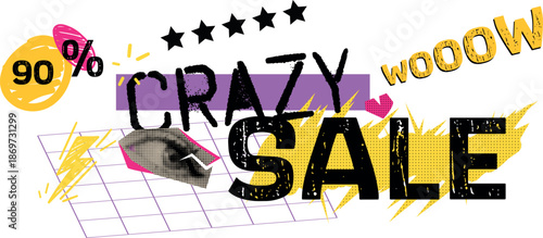 Crazy Sale Retro Text Element with 90 Percent Discount and Five Star Rating Badge Vector Illustration