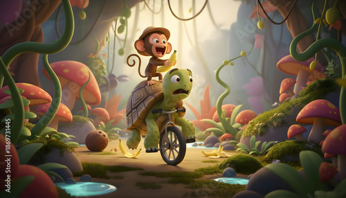 Funny 3D cartoon illustration of a turtle and a little monkey, cute animal characters for children story book cover