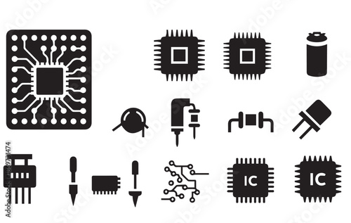 Electronic Components and Circuit Board Hardware Vector Icons Set