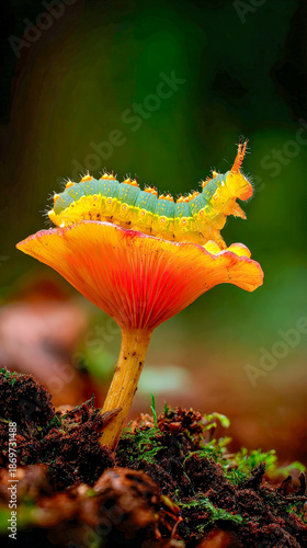 Caterpillar perched on mushroom