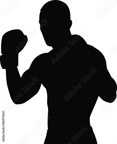 Muscular Boxer Silhouette with Gloves Up in a Strong Defensive Pose Facing Forward