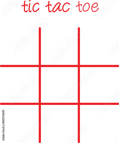 Simple red line drawing of an empty tic tac toe board ready for players to begin their classic game competition.