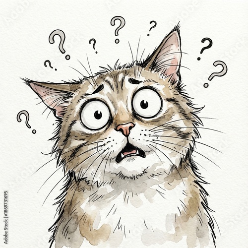 Cat looking shocked with question marks and surprised expression  