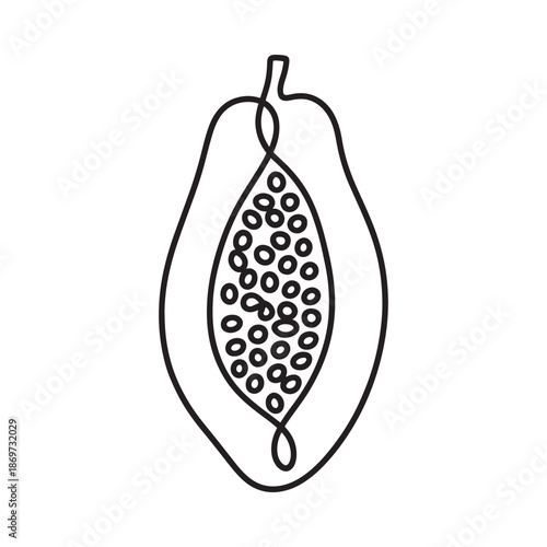 A simple line drawing depicts a halved papaya fruit with internal seeds