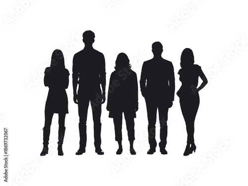 Silhouettes of Five People Standing Together in a Row on White Background