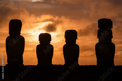 Ahu Tongariki is the largest ahu on Easter Island at sunrise, Chile