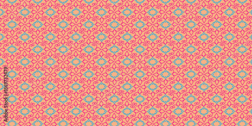 Seamless ornamental geometric pattern with decorative shapes and vibrant colors for fabric wallpaper and surface design