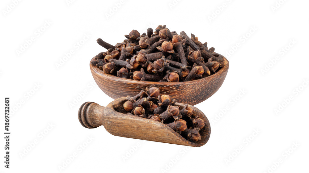 Fototapeta premium Dried cloves in a wooden bowl and scoop