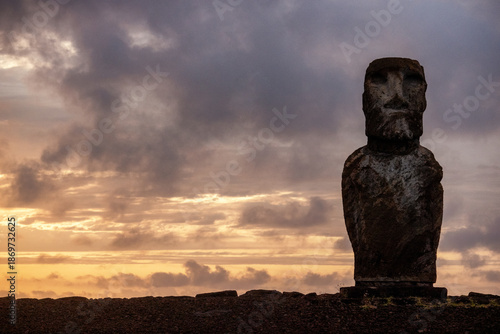 Ahu Tongariki is the largest ahu on Easter Island at sunrise, Chile