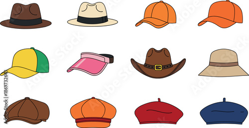 Diverse headwear and hats icon set with baseball caps fedora beret and sun visor