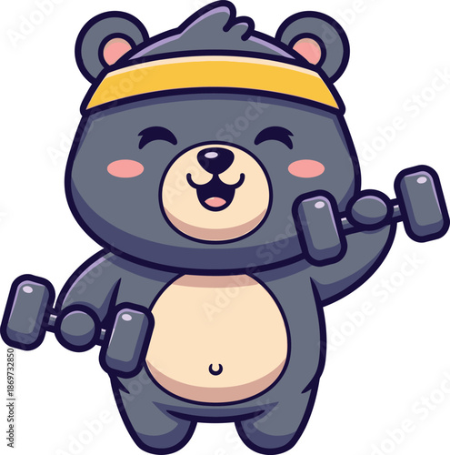 Bear lifting barbell vector, bear lifting heavy barbell symbolizing strength and fitness goals, bear lifting barbell weightlifting cartoon mascot, bear workout with barbell