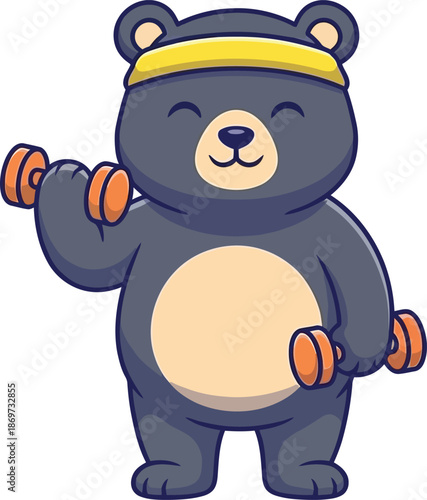 Bear lifting barbell vector, bear lifting heavy barbell symbolizing strength and fitness goals, bear lifting barbell weightlifting cartoon mascot, bear workout with barbell