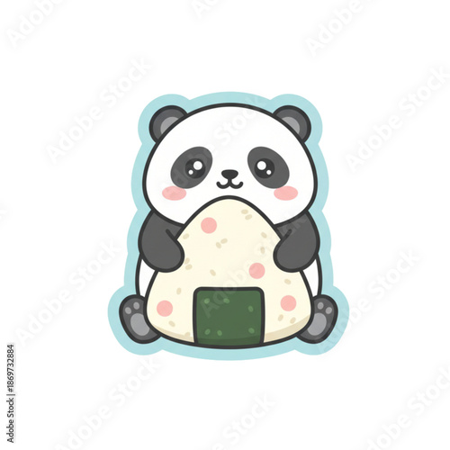 Adorable Kawaii Panda Hugging Onigiri Rice Ball Vector
