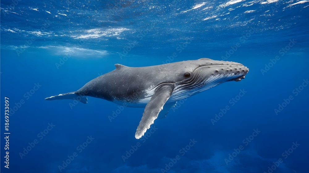 Fototapeta premium A majestic humpback whale glides through the clear blue ocean depths