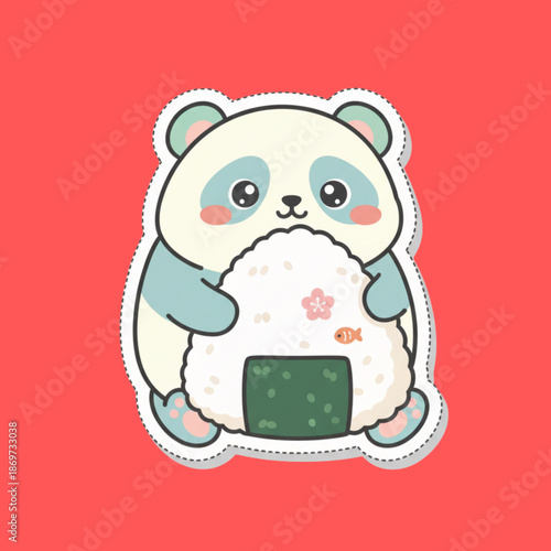 Adorable Kawaii Panda Hugging Onigiri Rice Ball Vector