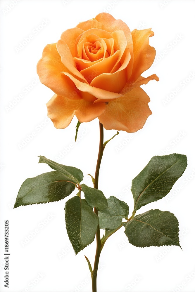 Obraz premium Orange rose flower on long stem with green leaves, blooming peach rose isolated on white background, elegant floral botanical element for wedding design
