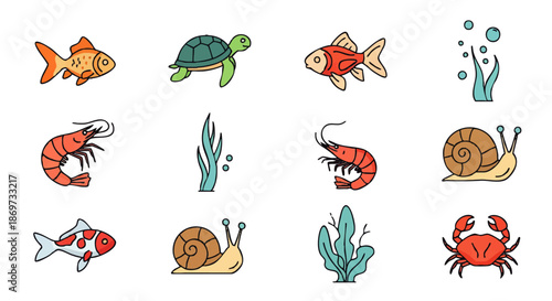 Collection of various aquatic animals and plants, including goldfish, shrimp, snails, and seaweeds, presented as simple vector icons