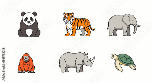 Collection of six cartoon animal icons panda, tiger, elephant, gorilla, rhinoceros, and turtle