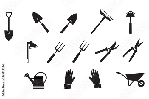 Set of Gardening Tool Icons and Equipment Silhouettes for Agriculture and Landscaping Design