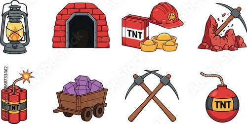 Mining and gold prospector icon set with lantern tunnel TNT dynamite and gold nuggets