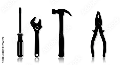 Four black silhouette tools on white background including screwdriver wrench hammer and pliers with icon and graphic and illustration and vector